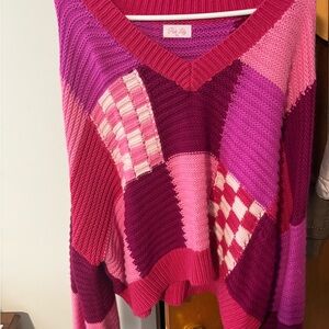 Pink Lily Argyle V-Neck Sweater - Magenta and Rose Color Block